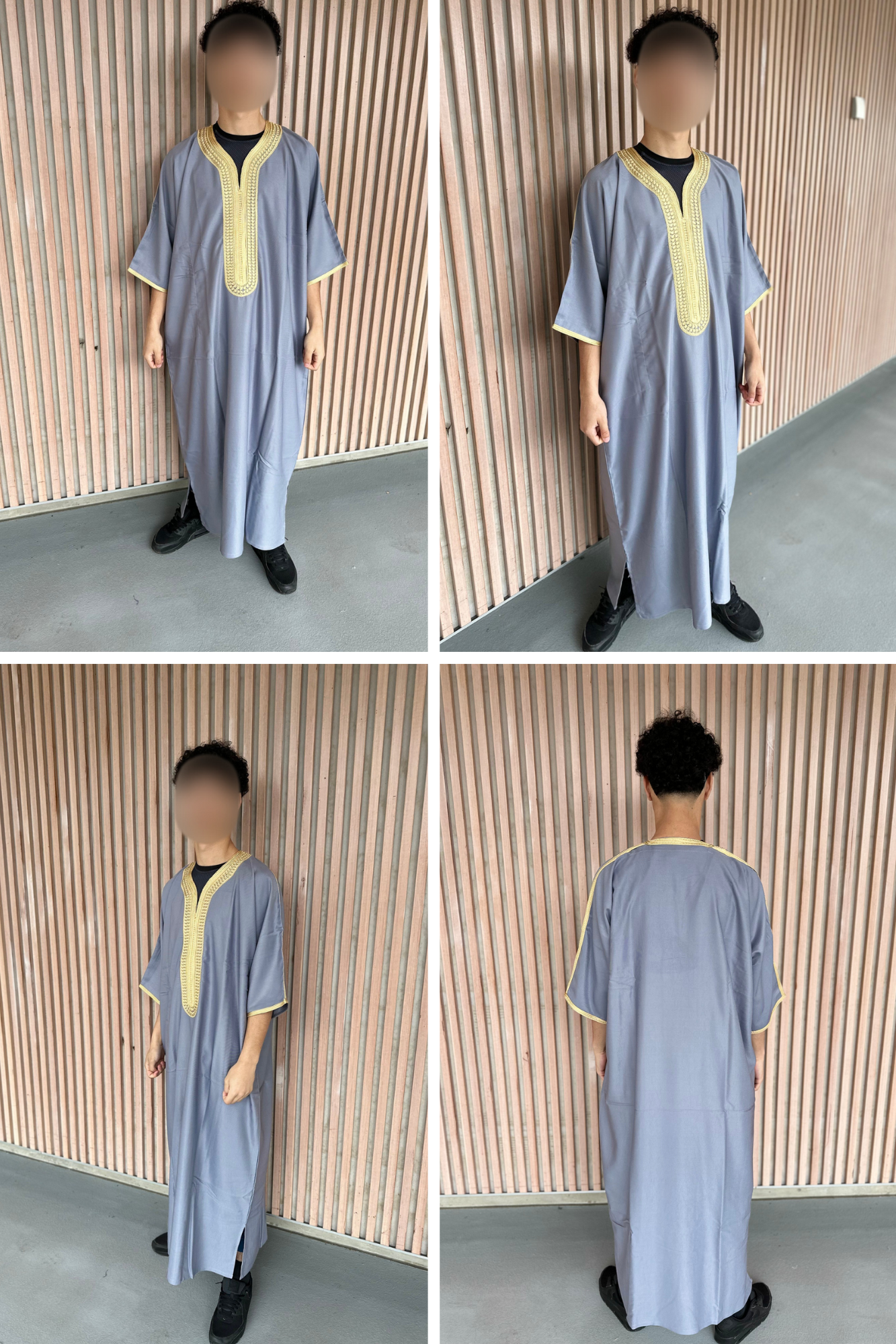 Heren abaya grijs met gouden kraag korte mouwen