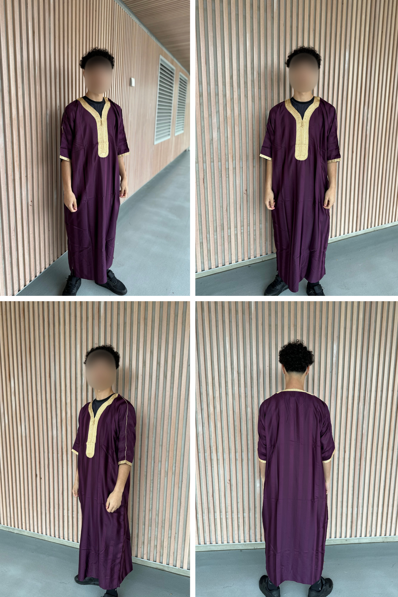 Heren abaya paars met gouden kraag korte mouwen
