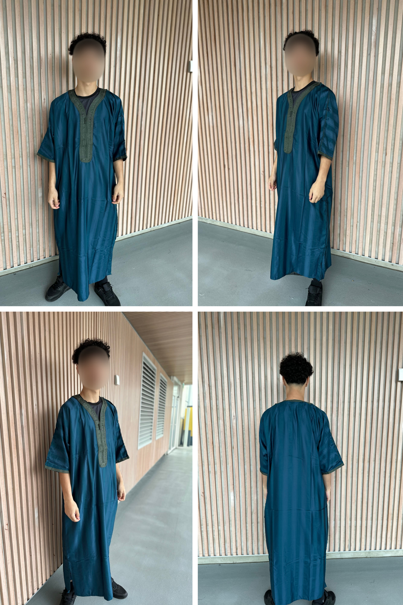 Heren abaya turquoise met groene kraag strepen korte mouwen
