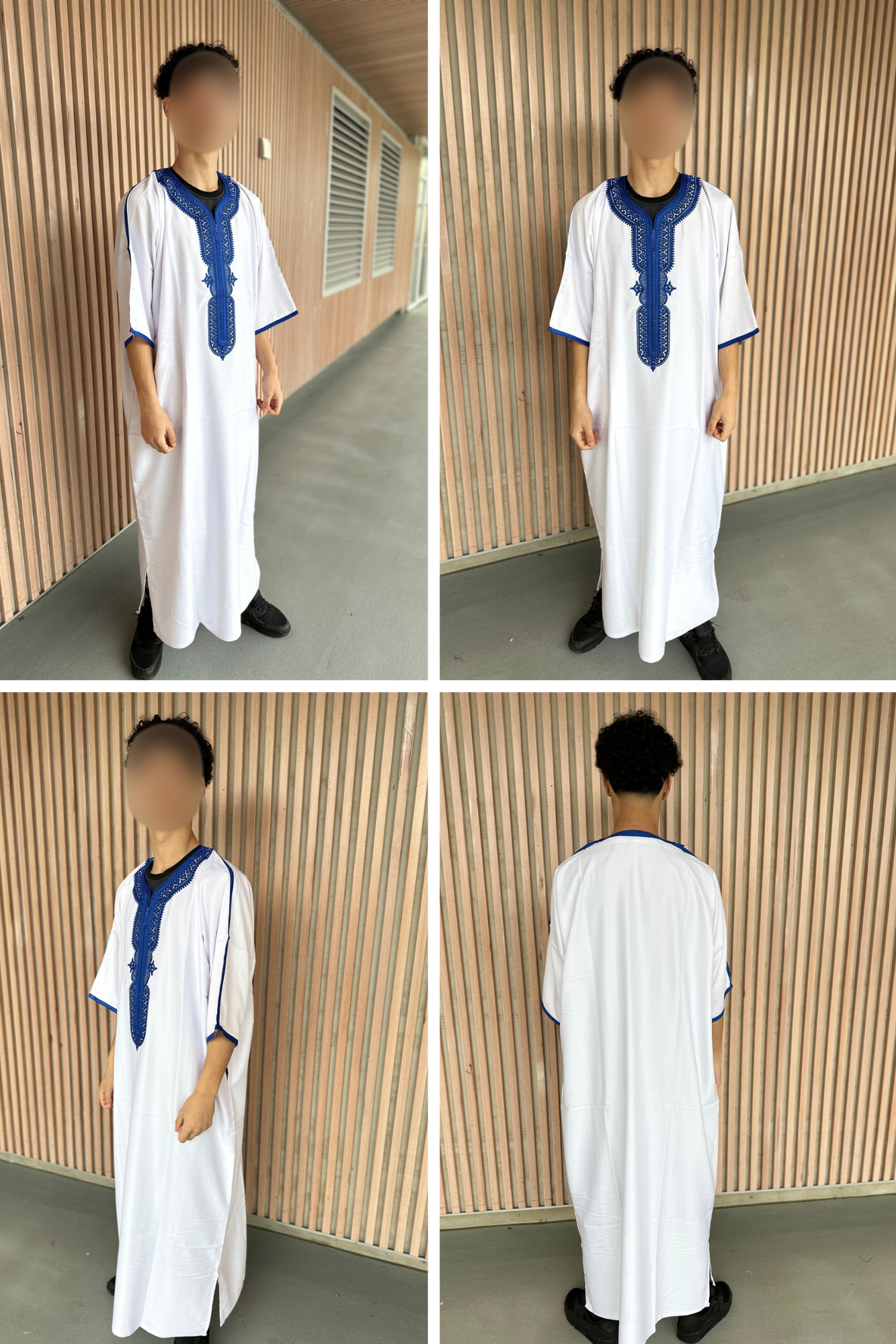 Heren abaya wit met blauwe kraag korte mouwen