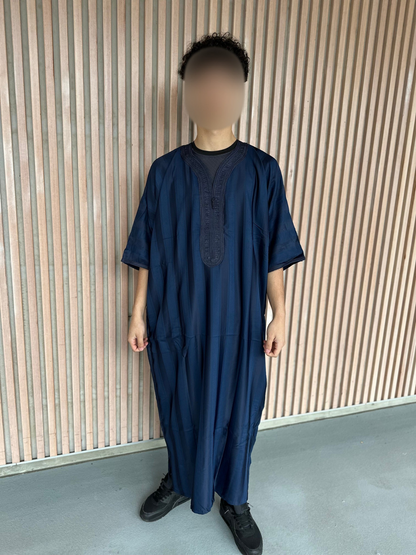 Heren abaya deep donkerblauw strepen korte mouwen