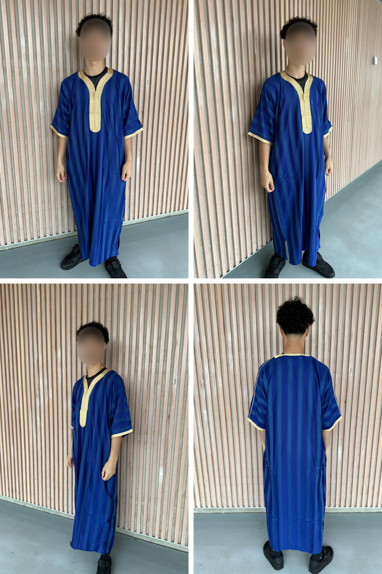Heren abaya donkerblauw met gouden kraag strepen korte mouwen