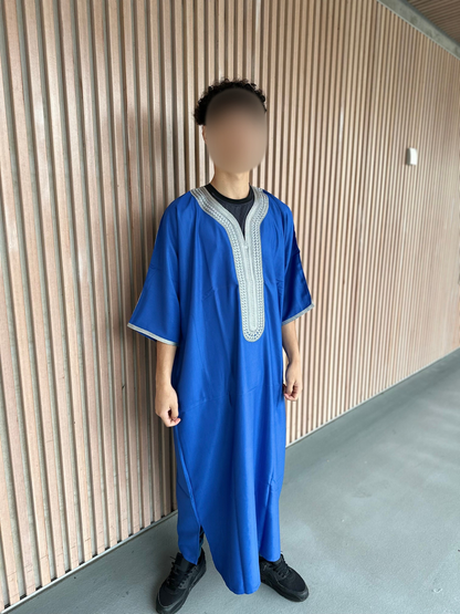 Heren abaya donkerblauw met grijze kraag korte mouwen