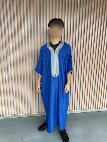Heren abaya donkerblauw met grijze kraag korte mouwen