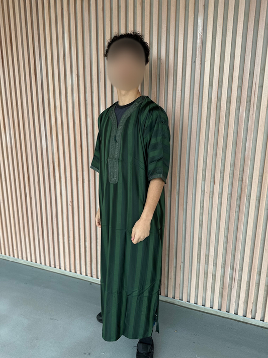 Heren abaya donkergroen strepen korte mouwen