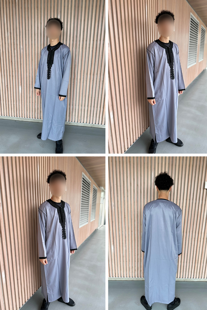 Heren abaya grijs met zwarte kraag lange model