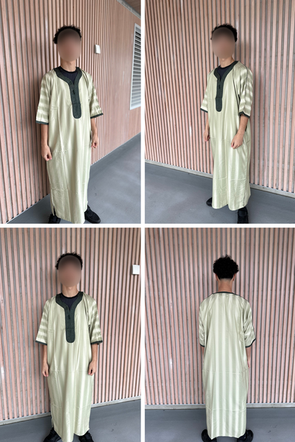 Heren abaya olijfgroen met donkergroene kraag korte mouwen