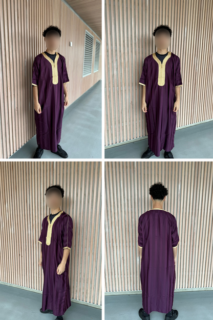 Heren abaya paars met gouden kraag korte mouwen