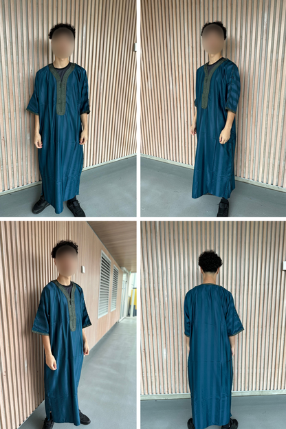 Heren abaya turquoise met groene kraag strepen korte mouwen