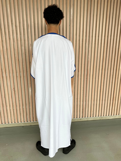 Heren abaya wit met blauwe kraag korte mouwen