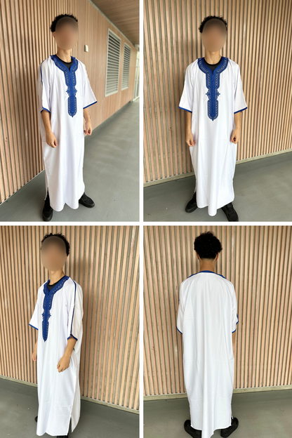 Heren abaya wit met blauwe kraag korte mouwen