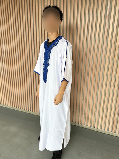 Heren abaya wit met blauwe kraag korte mouwen