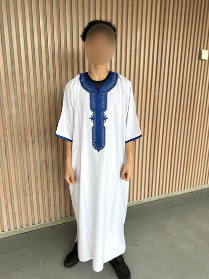 Heren abaya wit met blauwe kraag korte mouwen