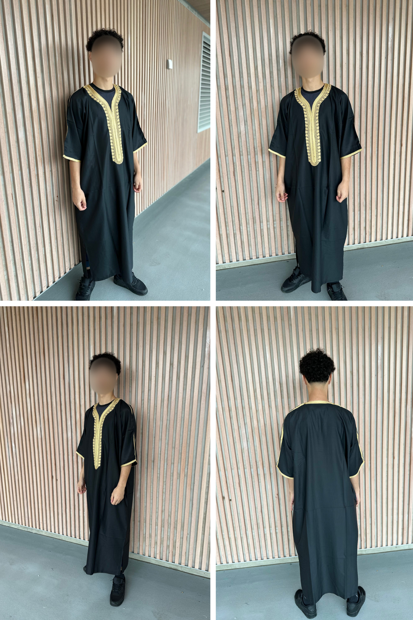 Heren abaya zwart met gouden kraag korte mouwen